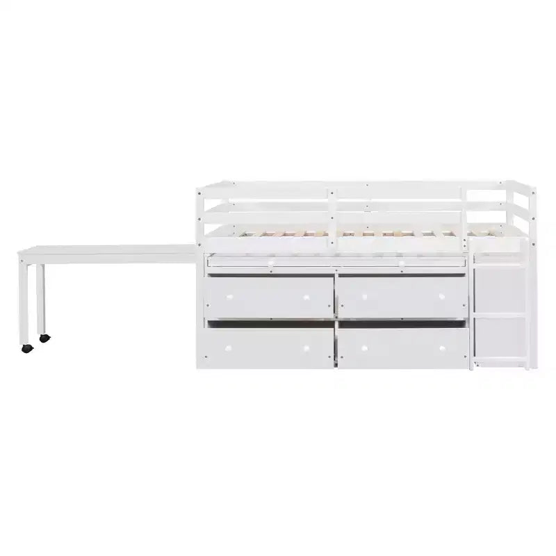 Low Loft Bed with Retractable Desk, 4 Drawers and 4 Shelves, Space-Saving Wood Bed Frame