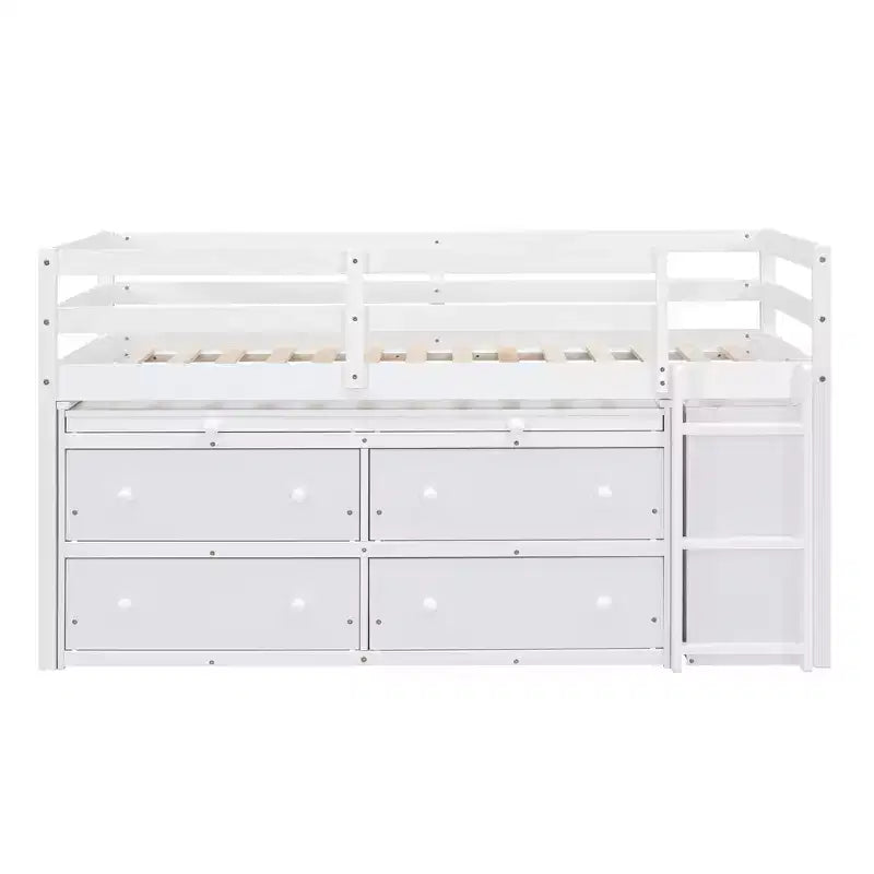 Low Loft Bed with Retractable Desk, 4 Drawers and 4 Shelves, Space-Saving Wood Bed Frame