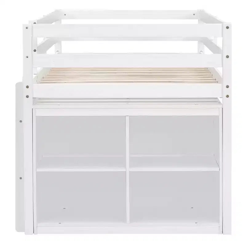 Low Loft Bed with Retractable Desk, 4 Drawers and 4 Shelves, Space-Saving Wood Bed Frame