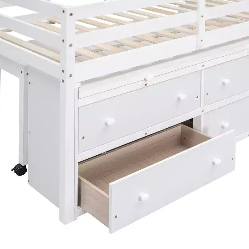 Low Loft Bed with Retractable Desk, 4 Drawers and 4 Shelves, Space-Saving Wood Bed Frame