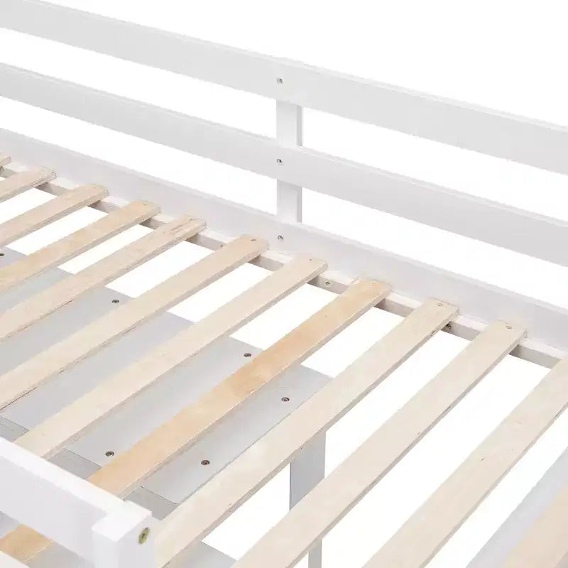 Low Loft Bed with Retractable Desk, 4 Drawers and 4 Shelves, Space-Saving Wood Bed Frame