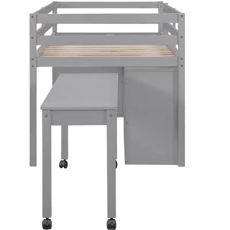 Low Loft Bed with Retractable Desk, 4 Drawers and 4 Shelves, Space-Saving Wood Bed Frame
