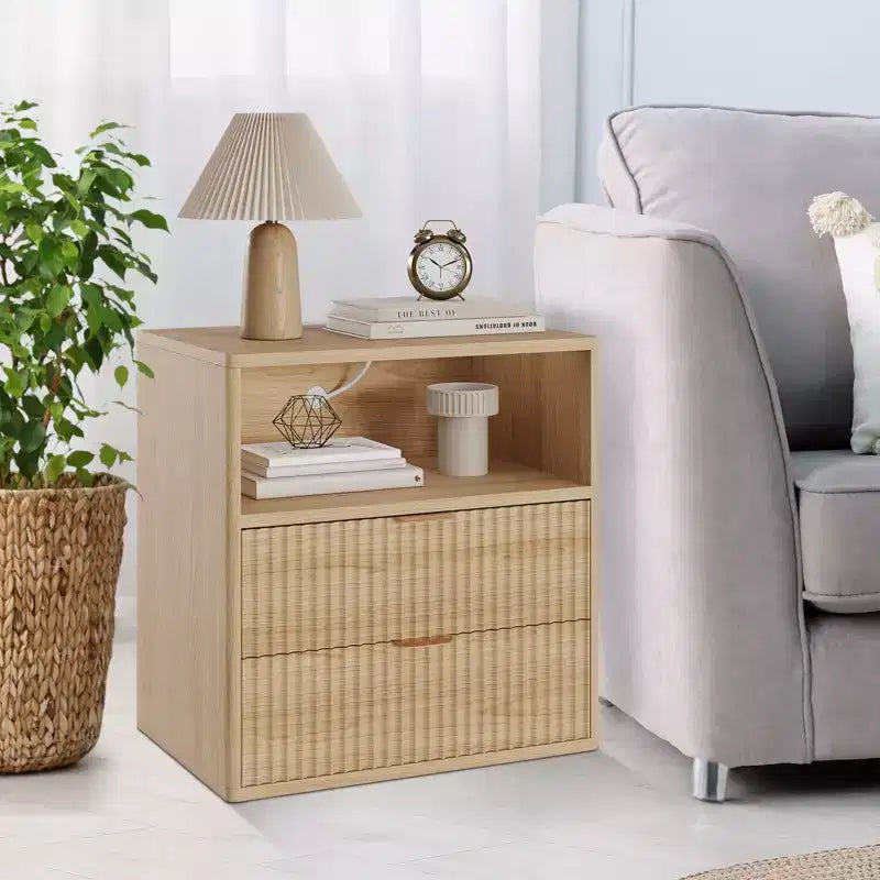Fluted Farmhouse Night Stand with Charging Station  23 Mid-Century Modern 2-Drawer End Table for Bedroom