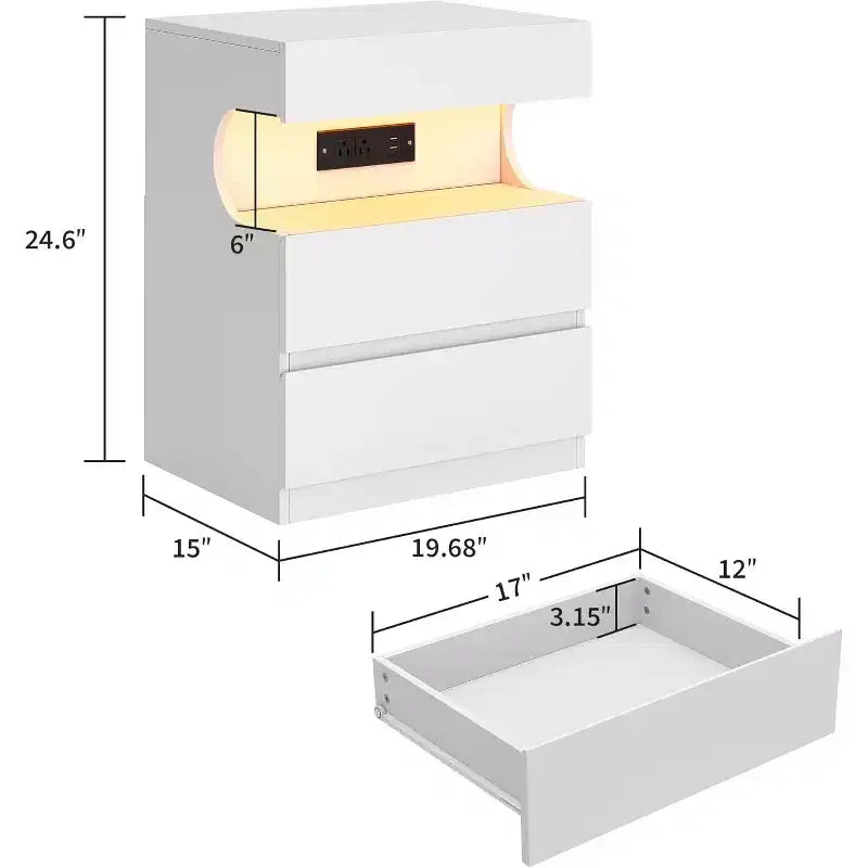 White Nightstand with LED Light and Charging Station, 3-Drawer Bedside Table with USB Ports