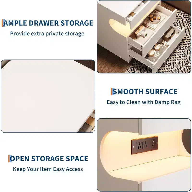 White Nightstand with LED Light and Charging Station, 3-Drawer Bedside Table with USB Ports