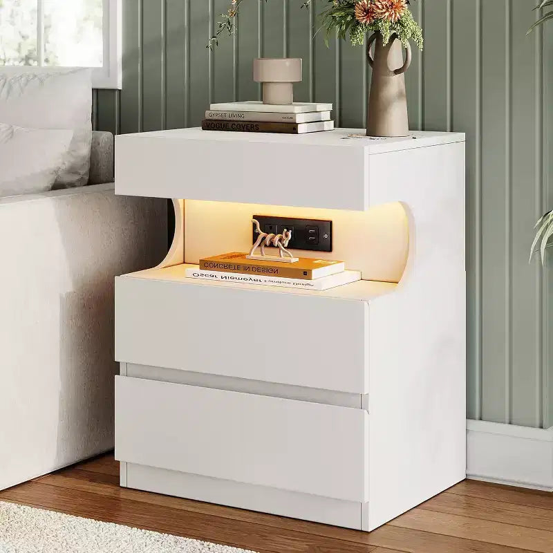 White Nightstand with LED Light and Charging Station, 3-Drawer Bedside Table with USB Ports