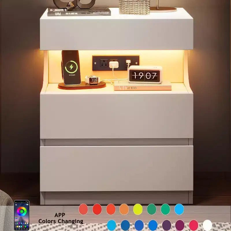 White Nightstand with LED Light and Charging Station, 3-Drawer Bedside Table with USB Ports