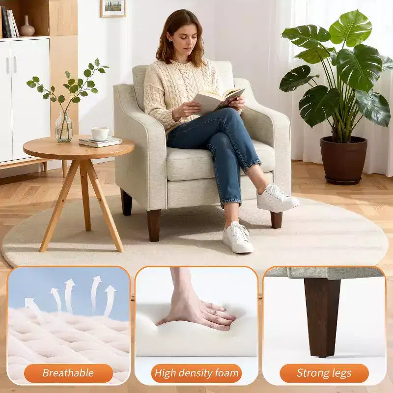 Accent Chair, Beige Linen Fabric Upholstered Armchair with Scooped Arms, Comfortable Single Sofa Chair for Living Room, Bedroom, Apartment, Office