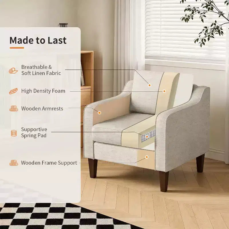 Accent Chair, Beige Linen Fabric Upholstered Armchair with Scooped Arms, Comfortable Single Sofa Chair for Living Room, Bedroom, Apartment, Office