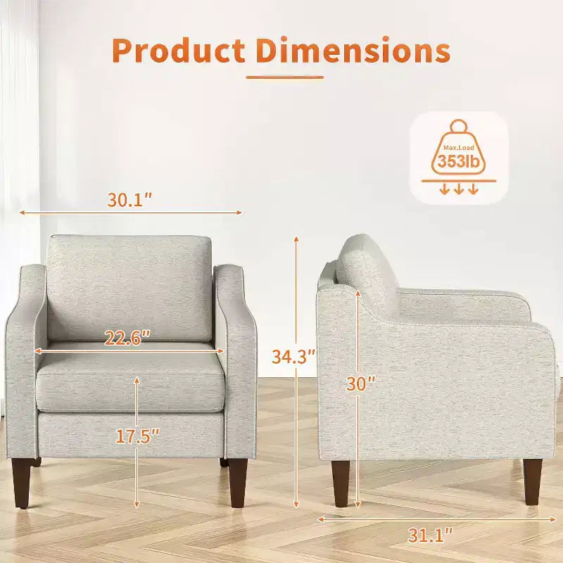 Accent Chair, Beige Linen Fabric Upholstered Armchair with Scooped Arms, Comfortable Single Sofa Chair for Living Room, Bedroom, Apartment, Office