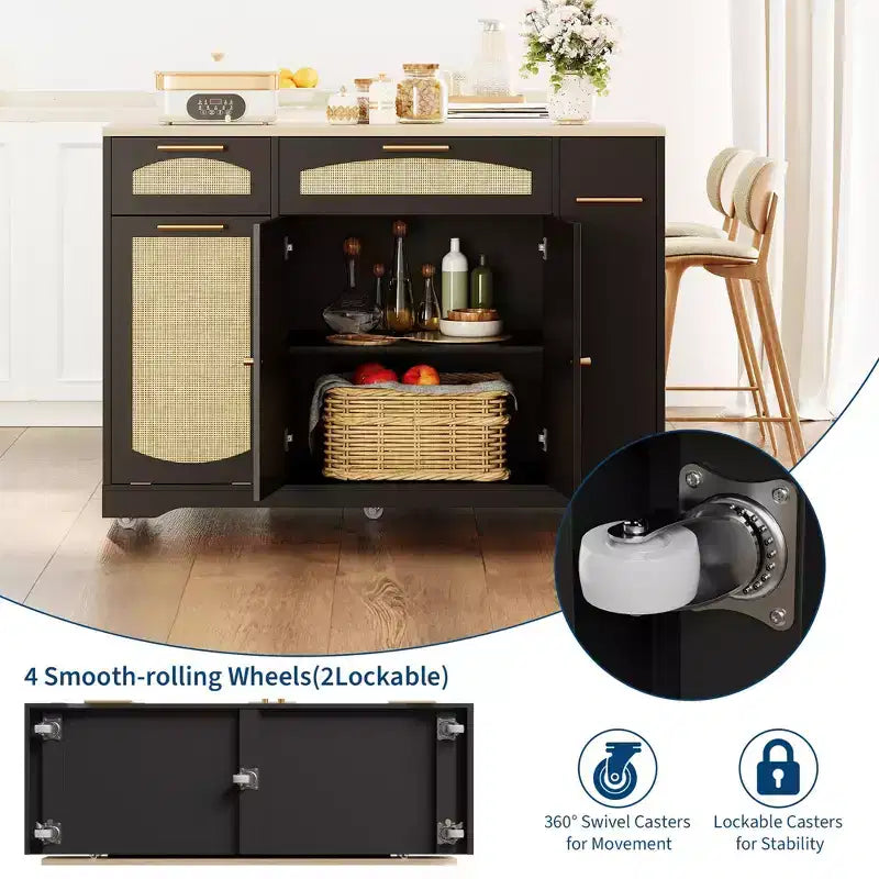 Modern Kitchen Island on Wheels, Multifunctional Kitchen Island Cart with Trash Storage Cabinet, 2 Drawer, Spice Rack, Drop Leaf for Kitchen