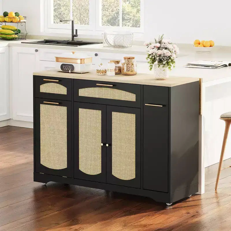 Modern Kitchen Island on Wheels, Multifunctional Kitchen Island Cart with Trash Storage Cabinet, 2 Drawer, Spice Rack, Drop Leaf for Kitchen