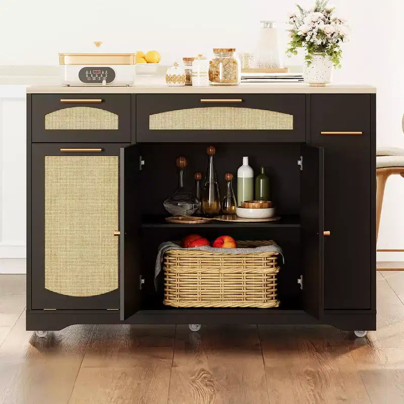 Modern Kitchen Island on Wheels, Multifunctional Kitchen Island Cart with Trash Storage Cabinet, 2 Drawer, Spice Rack, Drop Leaf for Kitchen