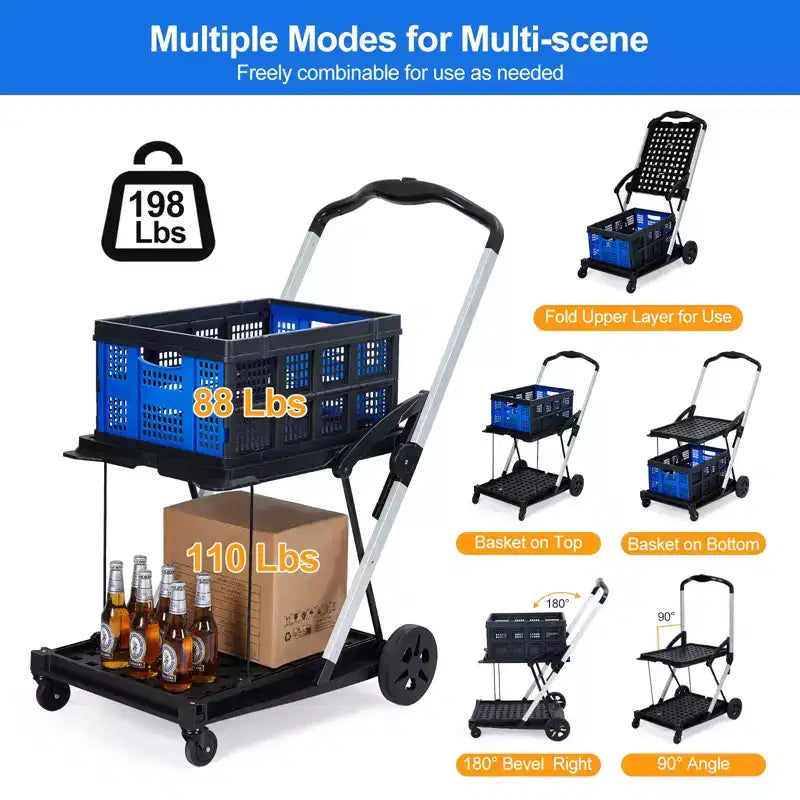 2 Tier Collapsible Shopping Cart On Wheels