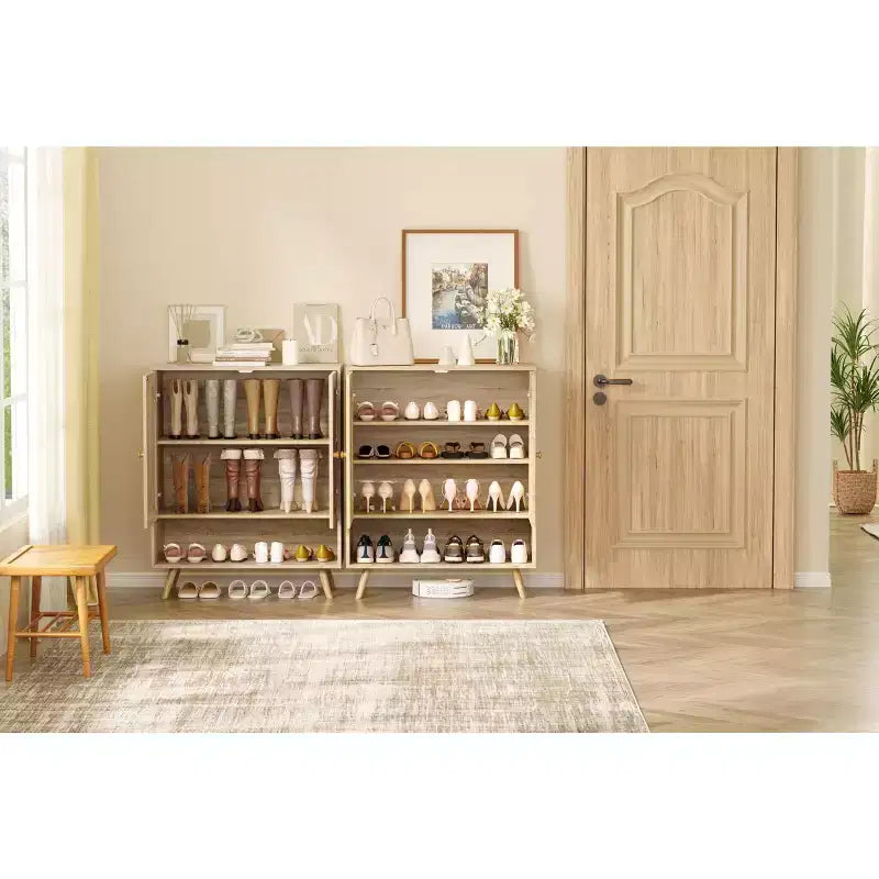 Shoe Rack Organizer, 4-Tier Wooden Shoe Storage Cabinet with Adjustable Shelves & Rattan Doors, Slim Oak Rack for Hallway Living Room