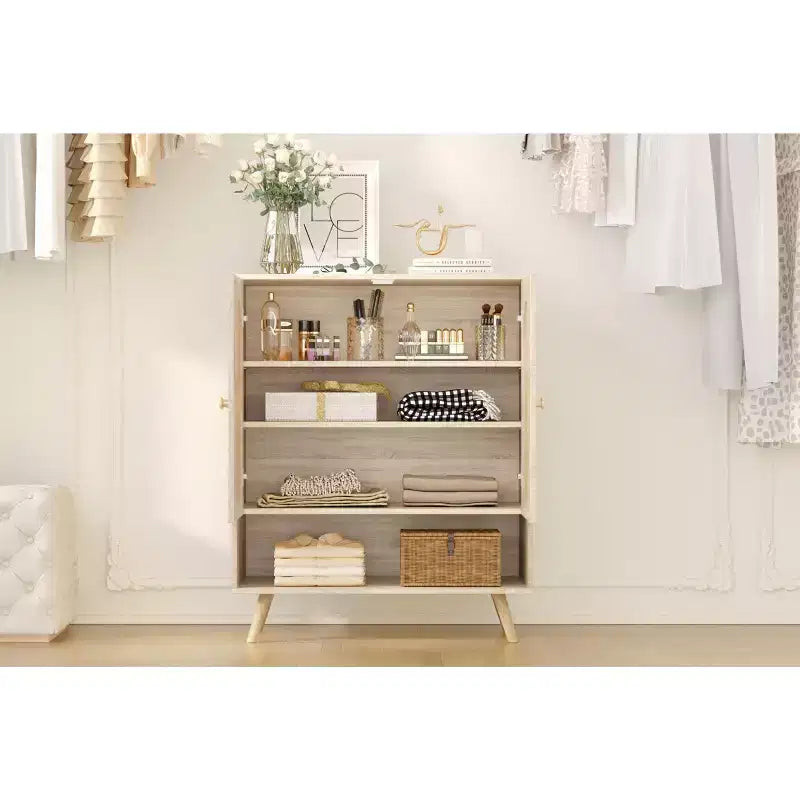 Shoe Rack Organizer, 4-Tier Wooden Shoe Storage Cabinet with Adjustable Shelves & Rattan Doors, Slim Oak Rack for Hallway Living Room