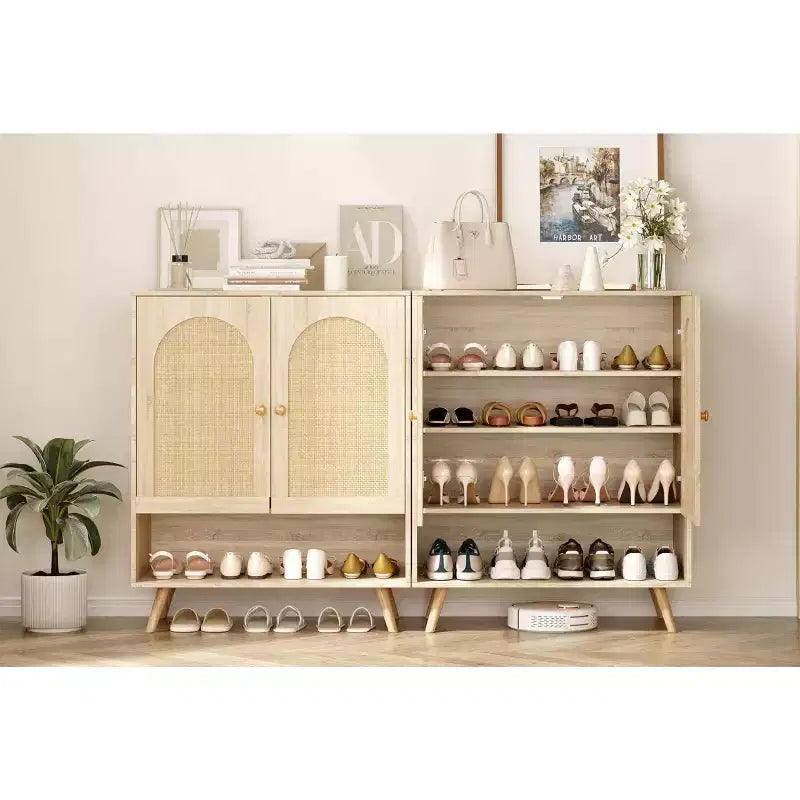 Shoe Rack Organizer, 4-Tier Wooden Shoe Storage Cabinet with Adjustable Shelves & Rattan Doors, Slim Oak Rack for Hallway Living Room
