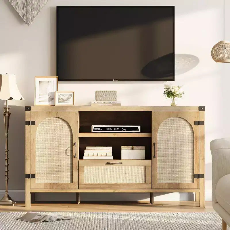 Sideboard Cabinet, 59.1 Rattan Farmhouse Buffet with Drawer & Open Shelves, Boho Storage for Dining Living Room