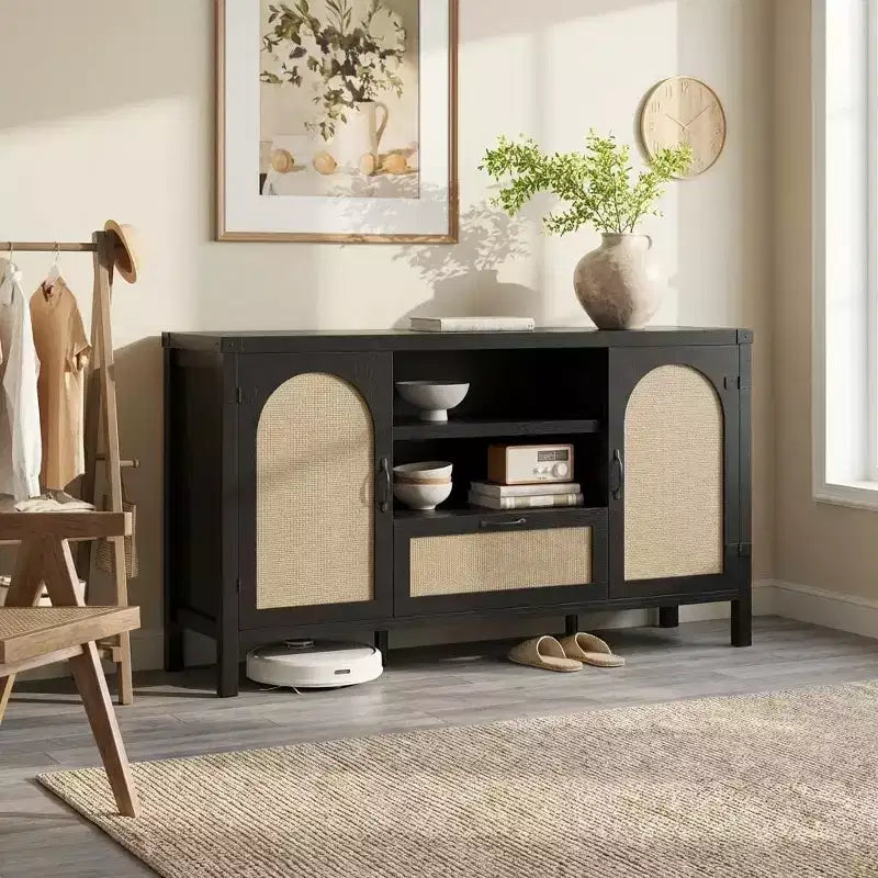 Sideboard Cabinet, 59.1 Rattan Farmhouse Buffet with Drawer & Open Shelves, Boho Storage for Dining Living Room