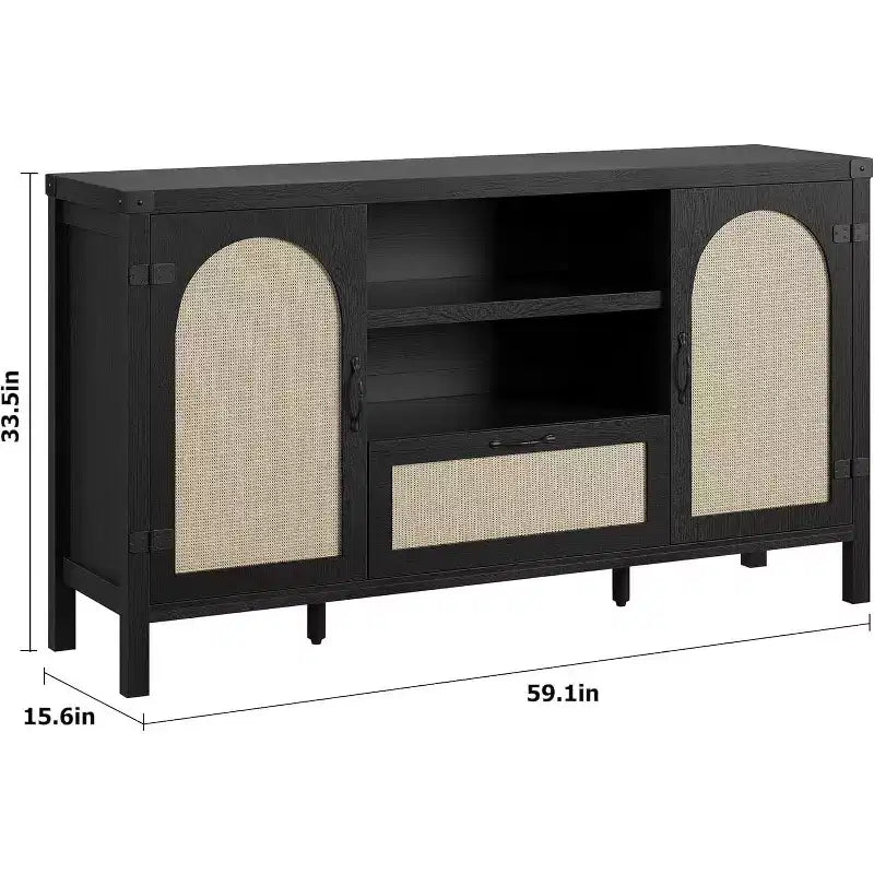 Sideboard Cabinet, 59.1 Rattan Farmhouse Buffet with Drawer & Open Shelves, Boho Storage for Dining Living Room