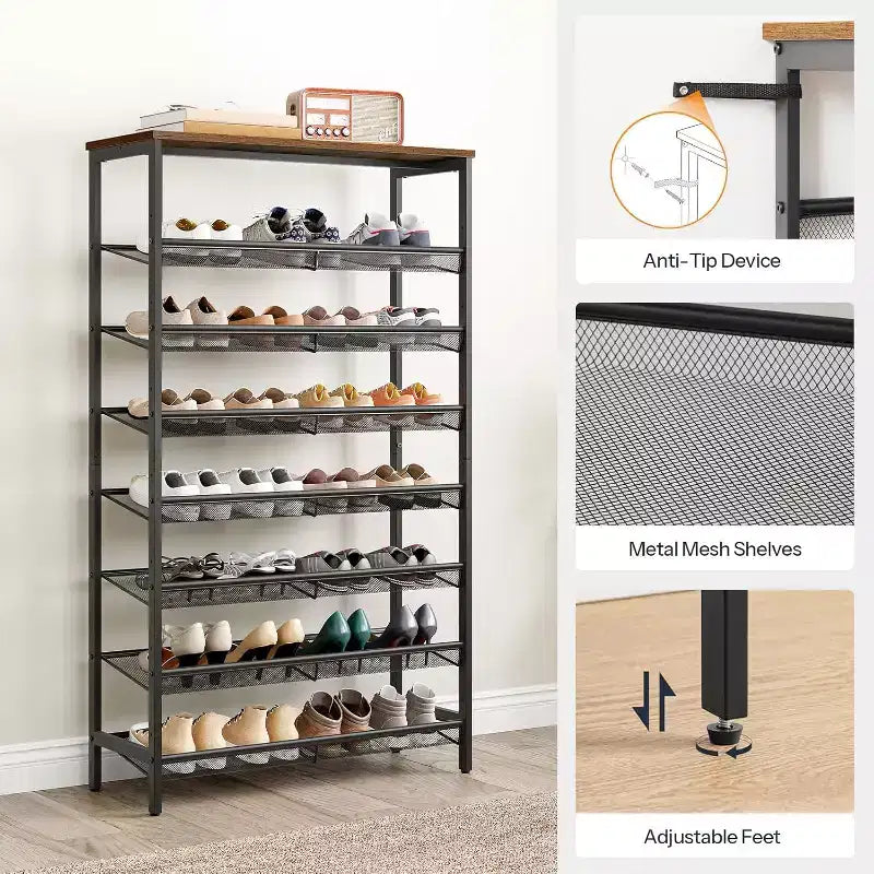 8-Tier Shoe Rack, 29.5" Large Capacity Shoe Storage Organizer (Holds 21-24 Pairs), Space-Saving Rustic Brown & Black