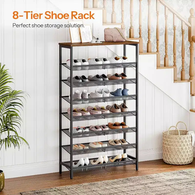 8-Tier Shoe Rack, 29.5" Large Capacity Shoe Storage Organizer (Holds 21-24 Pairs), Space-Saving Rustic Brown & Black