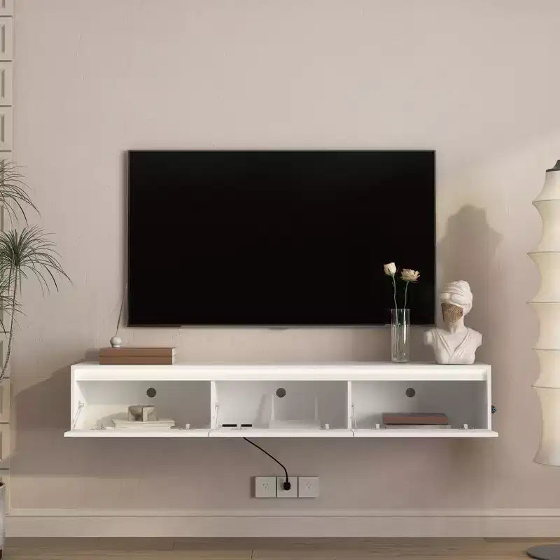 Floating TV Stand, Wall Mounted TV Shelf with LED Lights & Power Outlet, High Gloss TV Cabinet for Living Room