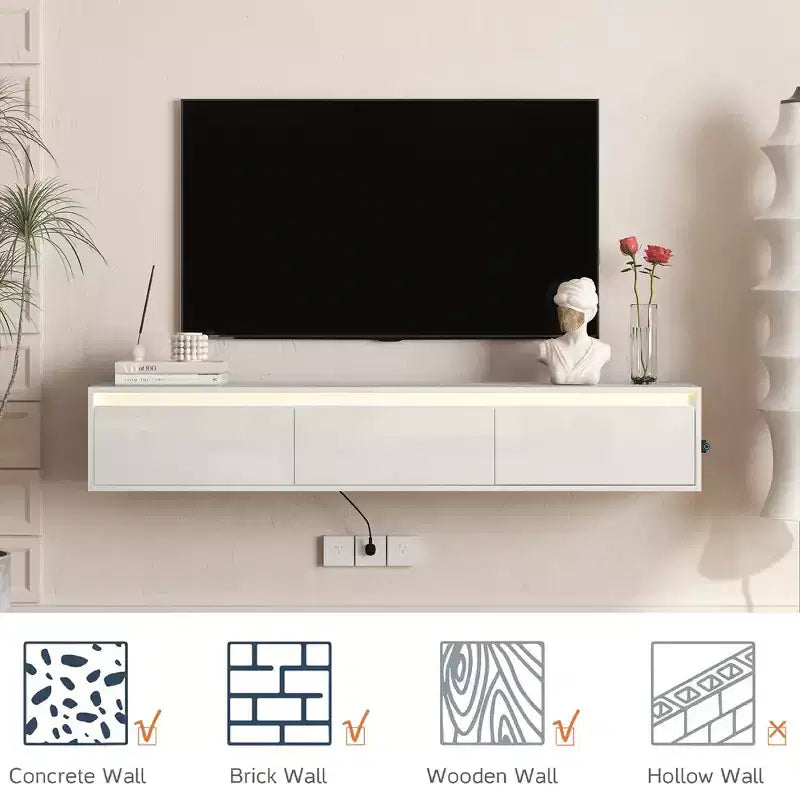 Floating TV Stand, Wall Mounted TV Shelf with LED Lights & Power Outlet, High Gloss TV Cabinet for Living Room