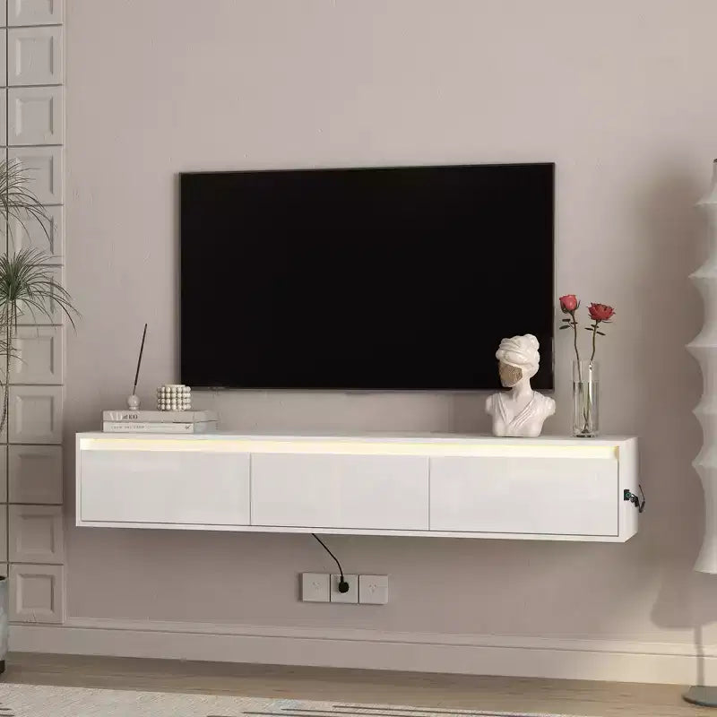 Floating TV Stand, Wall Mounted TV Shelf with LED Lights & Power Outlet, High Gloss TV Cabinet for Living Room