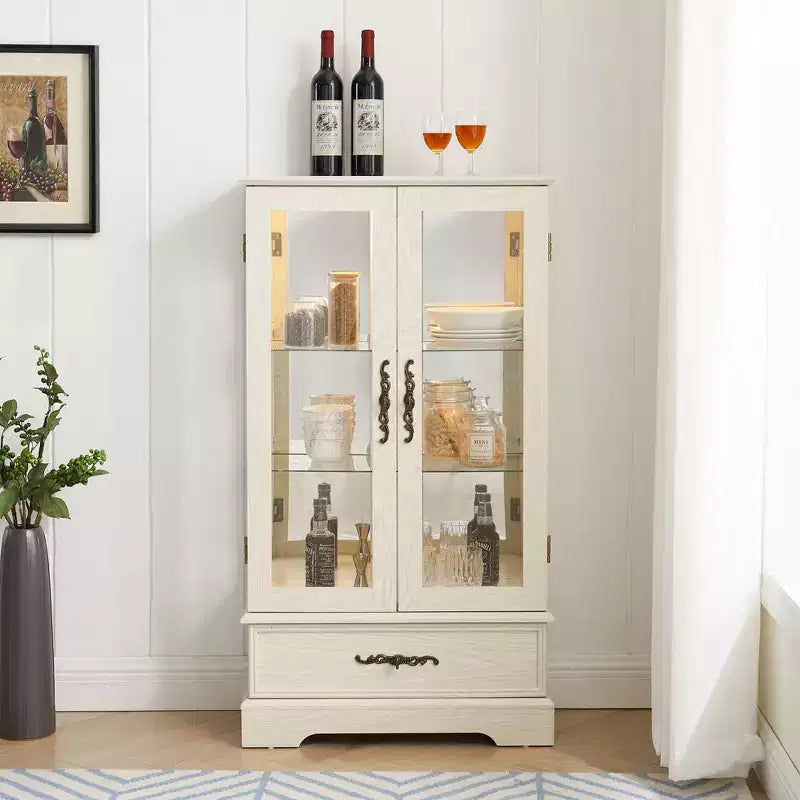 Glass Curio Display Cabinet with Light, Adjustable Shelves, and Vintage Drawer for Home Decor