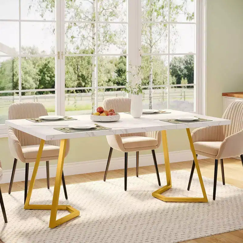 55" Modern Rectangular Dining Table, White/Gold