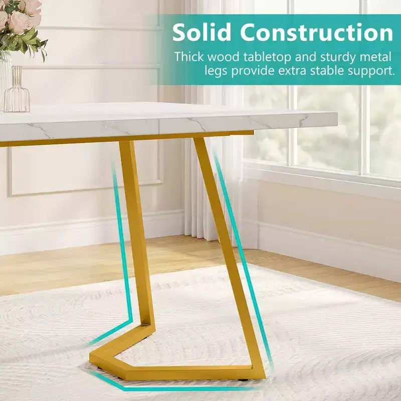 55" Modern Rectangular Dining Table, White/Gold