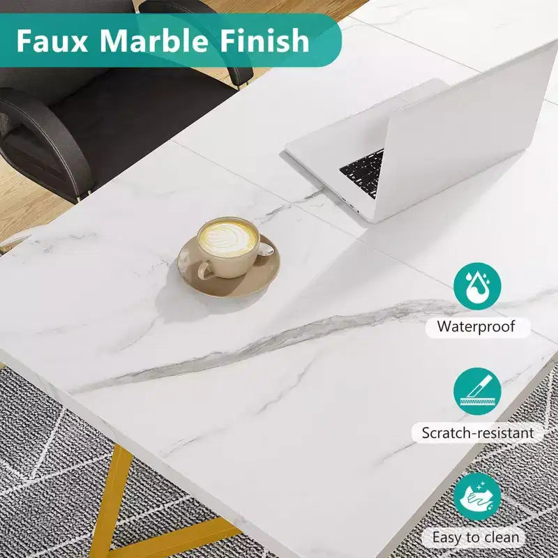 55" Modern Rectangular Dining Table, White/Gold