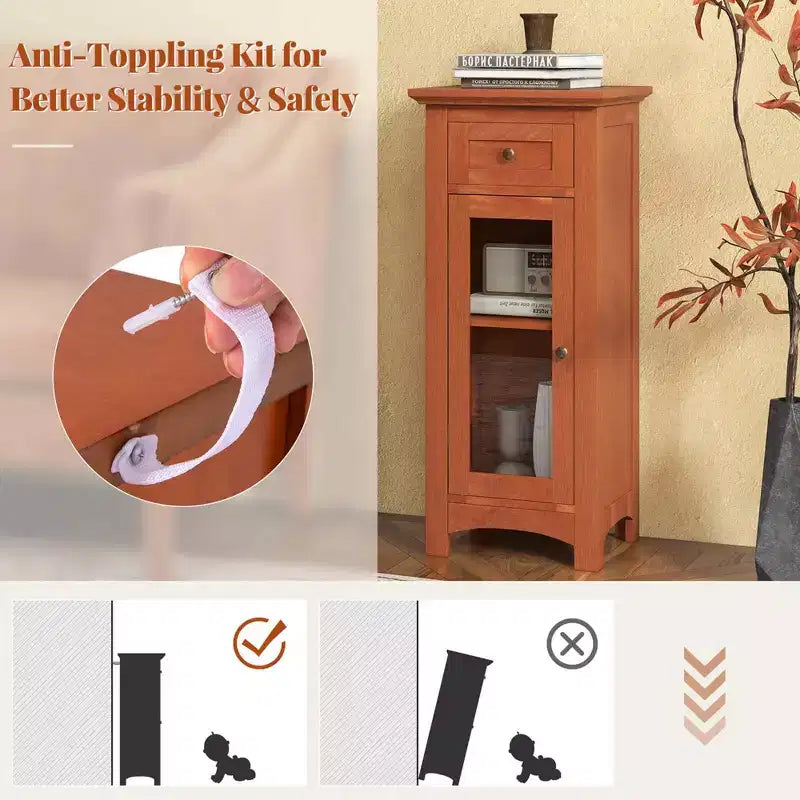 Bathroom Floor Cabinet with Single Glass Door, Drawer & Adjustable Shelf, Black/Brown