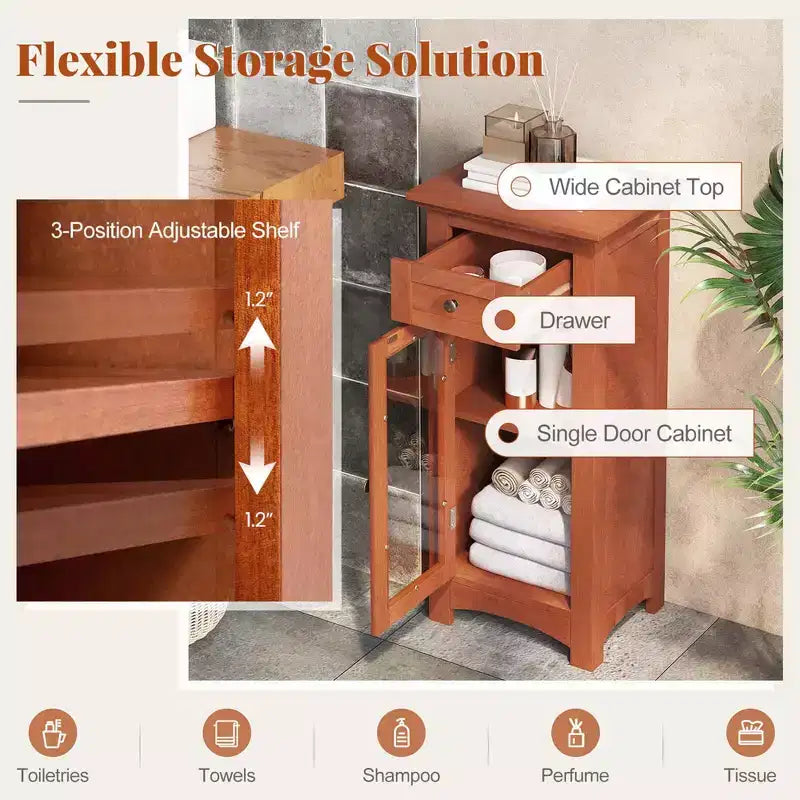 Bathroom Floor Cabinet with Single Glass Door, Drawer & Adjustable Shelf, Black/Brown