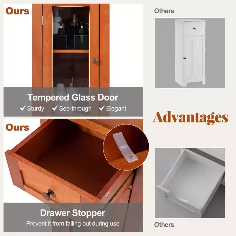 Bathroom Floor Cabinet with Single Glass Door, Drawer & Adjustable Shelf, Black/Brown