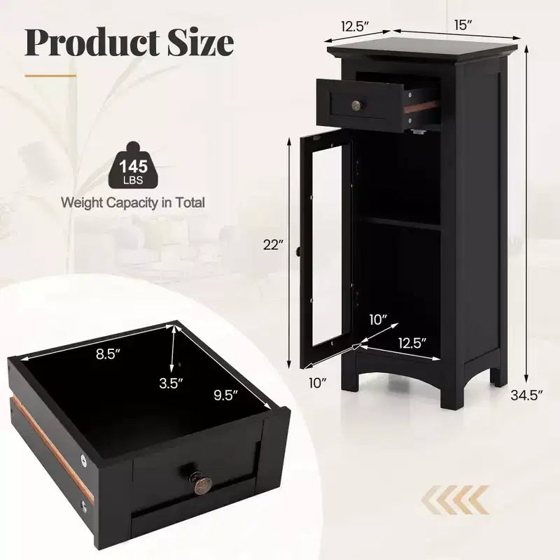 Bathroom Floor Cabinet with Single Glass Door, Drawer & Adjustable Shelf, Black/Brown