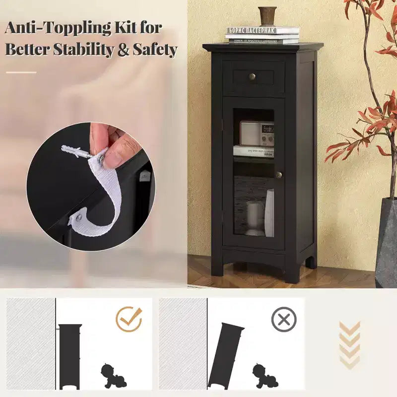 Bathroom Floor Cabinet with Single Glass Door, Drawer & Adjustable Shelf, Black/Brown