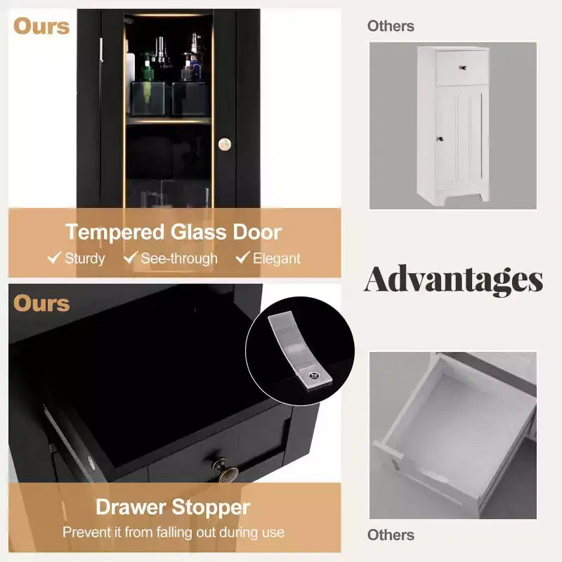 Bathroom Floor Cabinet with Single Glass Door, Drawer & Adjustable Shelf, Black/Brown