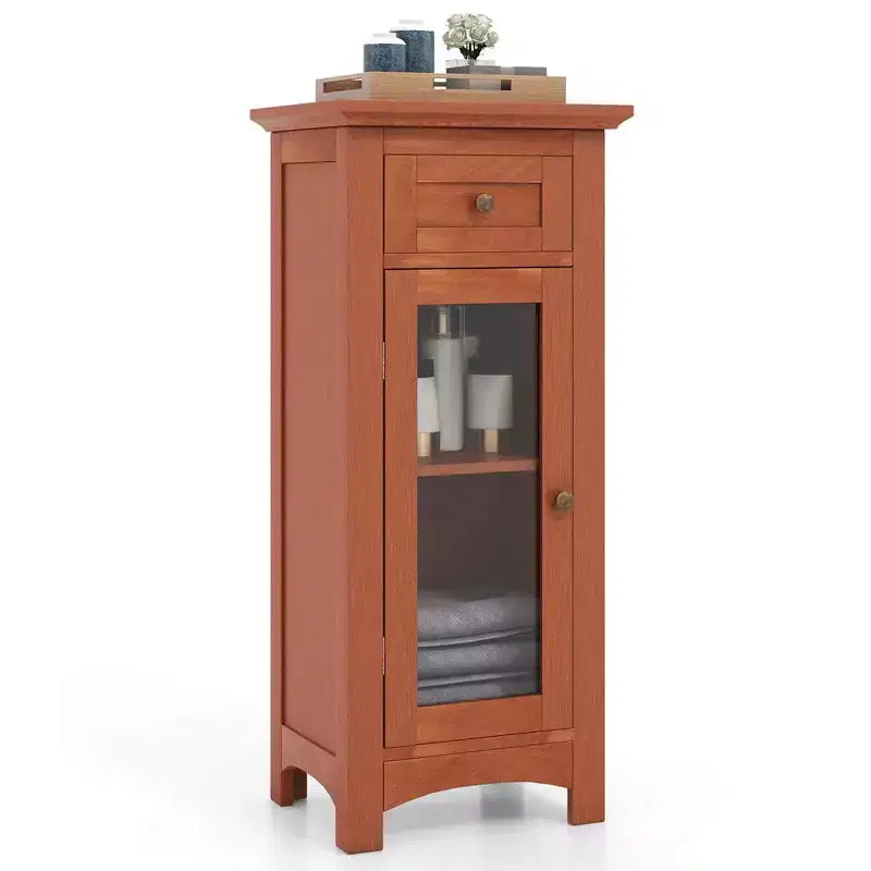 Bathroom Floor Cabinet with Single Glass Door, Drawer & Adjustable Shelf, Black/Brown