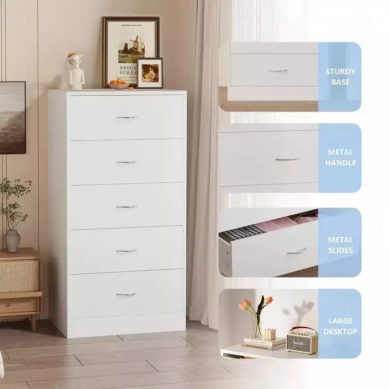 5 Drawer Dresser for Bedroom 49.4 in Tall Wood Chest of Drawers with Metal Handles White