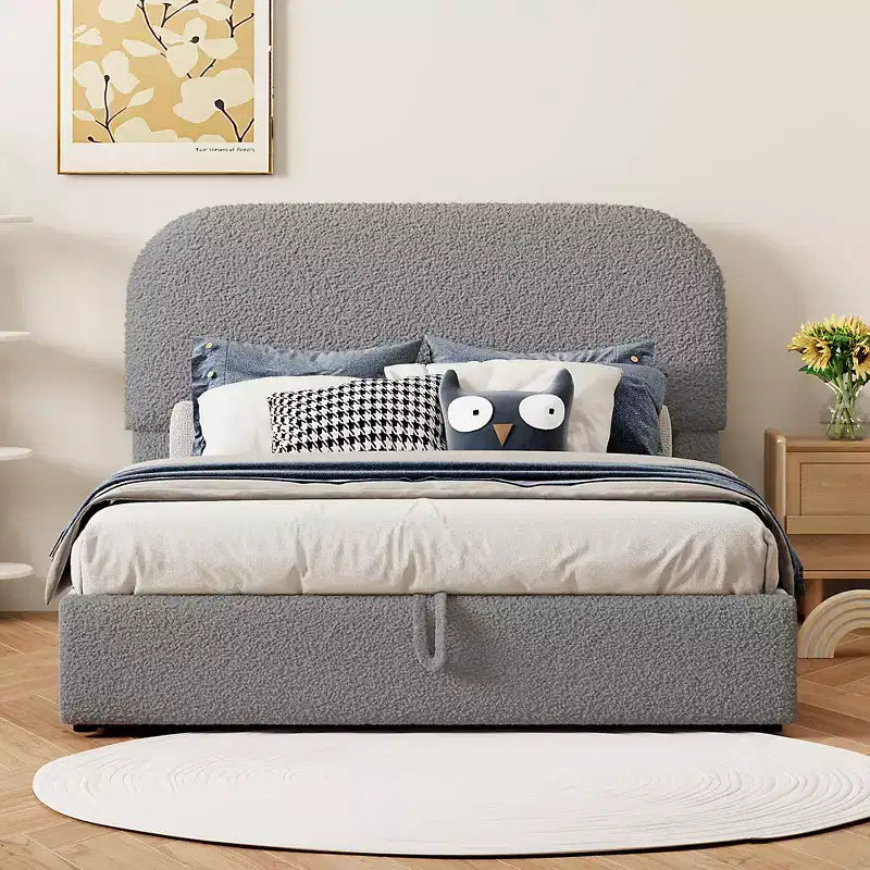 Full/Queen Size Teddy Fleece Upholstered Platform Bed with Hydraulic Storage System